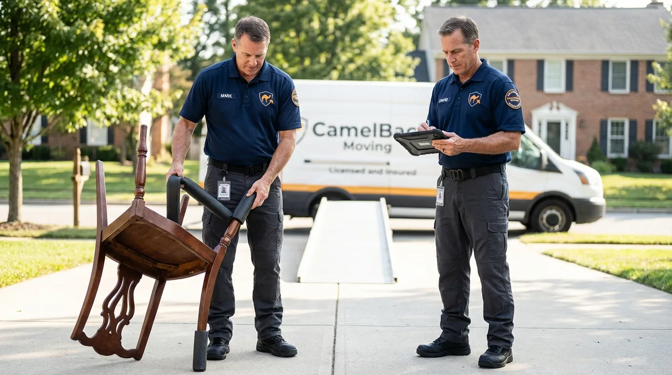 Movers inspecting furniture for damage prevention before loading in Rosiclare, IL